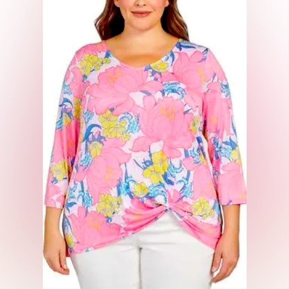 Ruby Rd. Tops - Ruby Rd Pink & White Tropical Flora Puff Print Knot Front 3/4 Sleeve Knit Top 2X